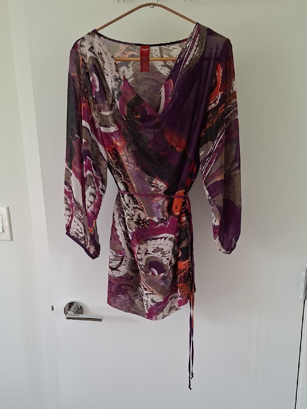Olsen Purple & Orange Sheer Cowl-neck Balloon-sleeve Tie-waist Tunic (Size M) - Picture 1 of 7